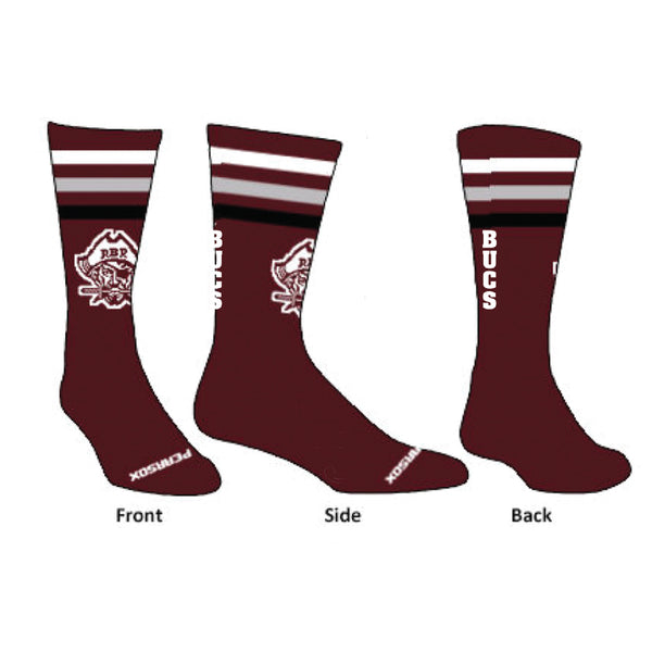 BUCS maroon socks with stripes